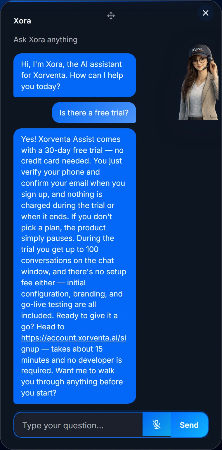 The Xorventa Assist chat window answering “Is there a free trial?” — 30 days free, no credit card, verify your phone and email, nothing charged; the product pauses if you do not choose a plan.