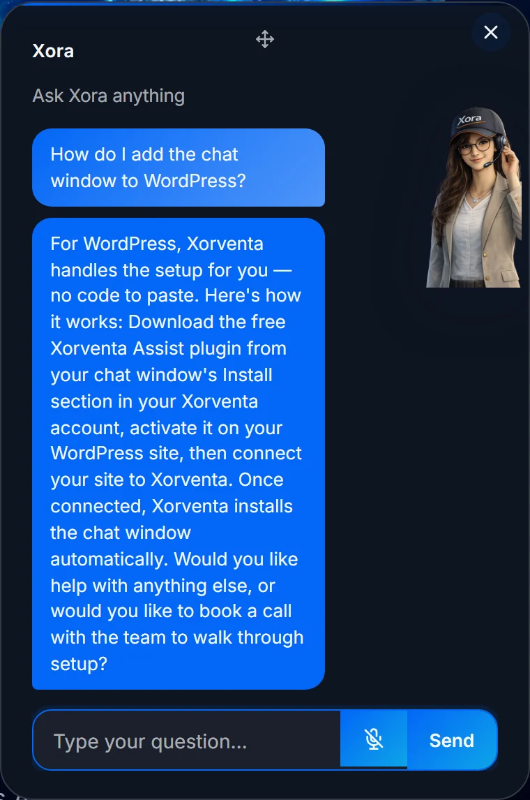 The Xorventa Instruct chat window on this page answering “How do I add the chat window to WordPress?” step by step.