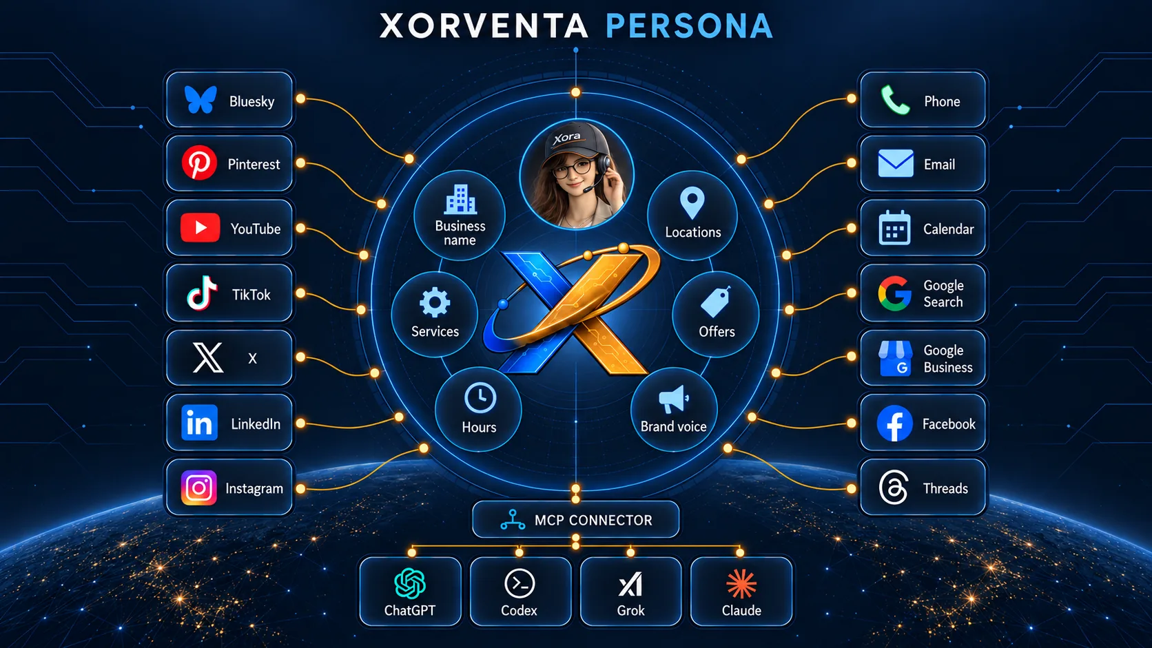 Xorventa Persona: Xora at the center with Business name, Services, Hours, Locations, Offers and Brand voice, connected to Bluesky, Pinterest, YouTube, TikTok, X, LinkedIn, Instagram, Phone, Email, Calendar, Google Search, Google Business, Facebook and Threads, and, through the MCP connector, ChatGPT, Codex, Grok and Claude.